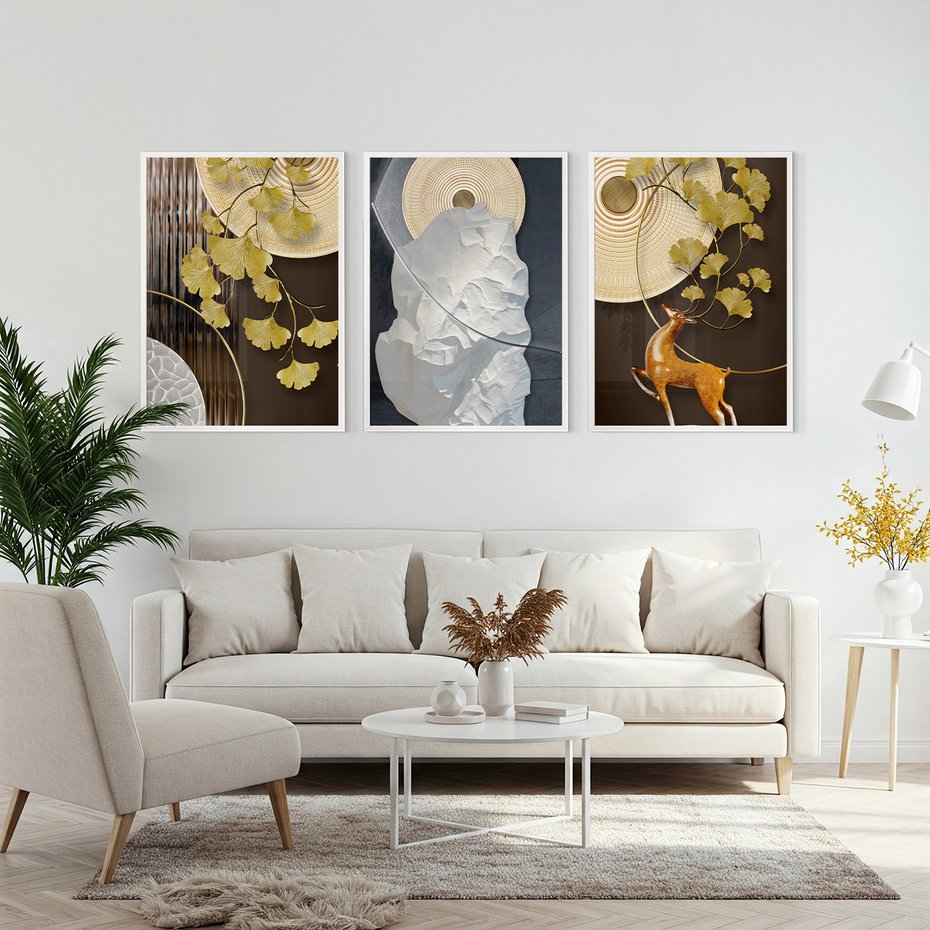 Zestaw obrazy w ramie, plakaty - złoty, liście, abstrakcja - rama biała