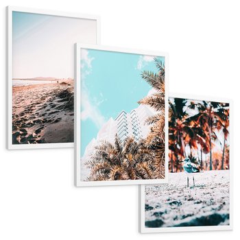 Zestaw obrazy w ramie, plakaty - plaża, palmy, budynek - rama biała