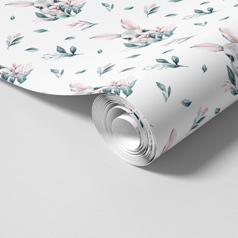Tapeta - dziecięca, królik, liście, kwiaty