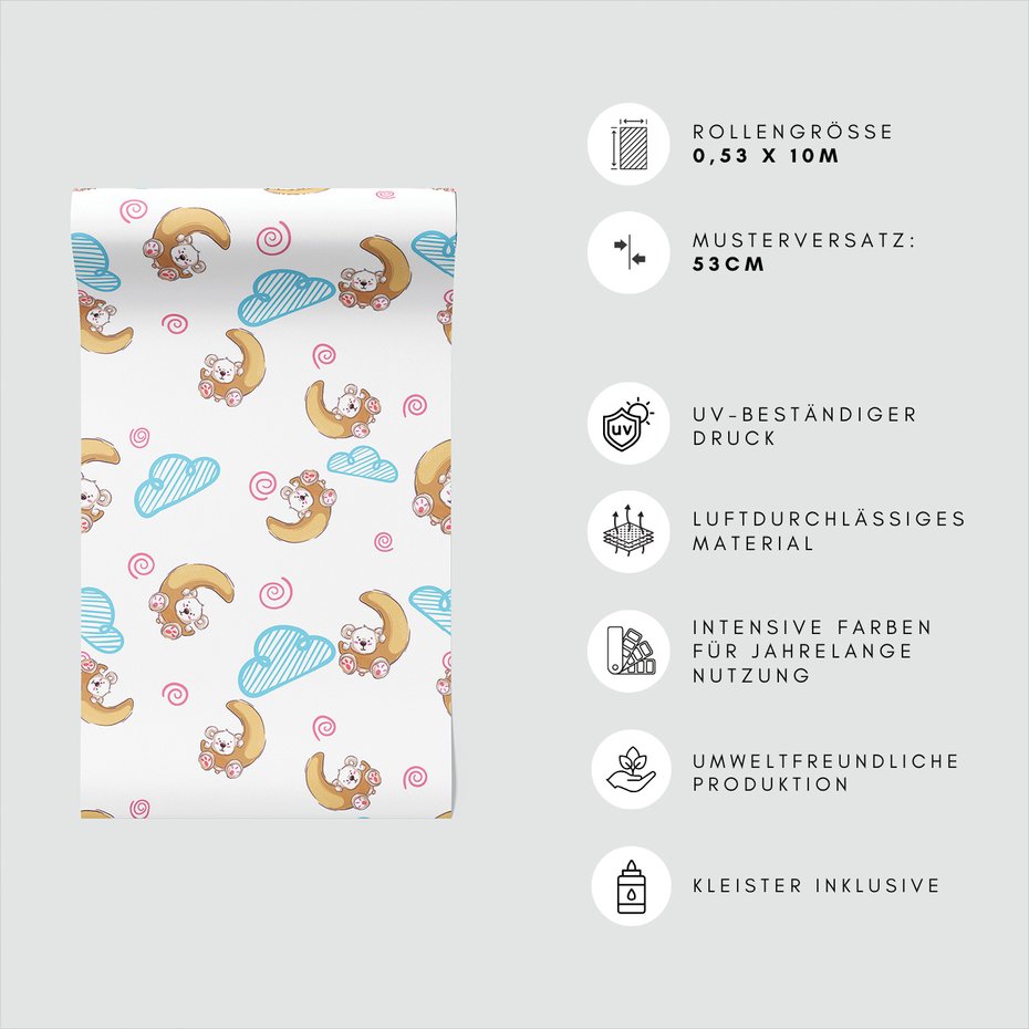 Tapeta - dziecięca, miś, księżyc, chmura