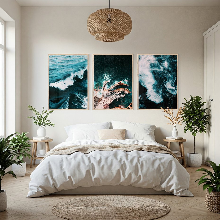 Zestaw obrazy w ramie, plakaty - woda, fale, morze - rama drewno