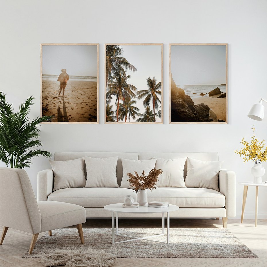 Zestaw obrazy w ramie, plakaty - plaża, palmy, morze - rama drewno