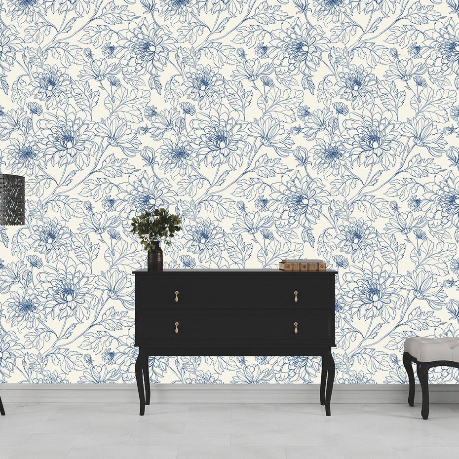 Tapeta - kwiaty, liście, kontur