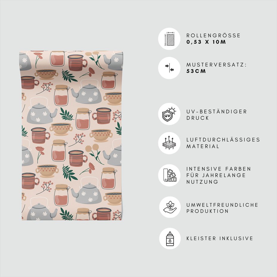 Tapeta - czajnik, kubek, dżem