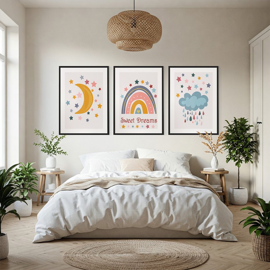 Zestaw obrazy w ramie, plakaty - gwiazdy, księżyc, tęcza - rama czarna