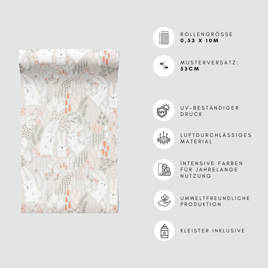 Tapeta - dziecięca, króliki, marchewki, rośliny