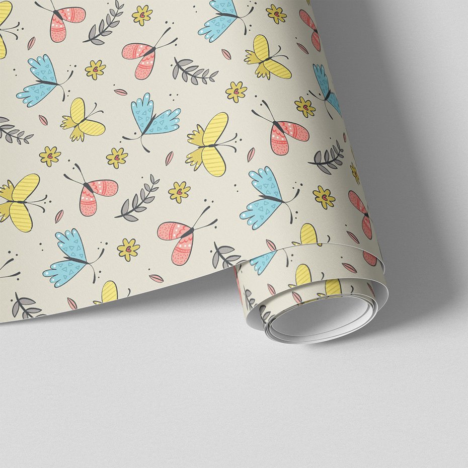 Tapeta - dziecięca, motyle, kwiaty, liście