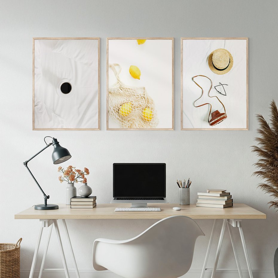 Zestaw obrazy w ramie, plakaty - śniadanie, cytryny, minimalizm - rama drewno