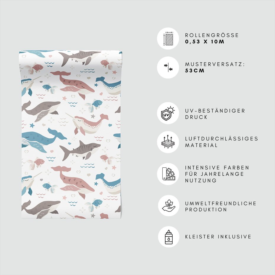 Tapeta - dziecięca, wieloryb, ryba, rekin