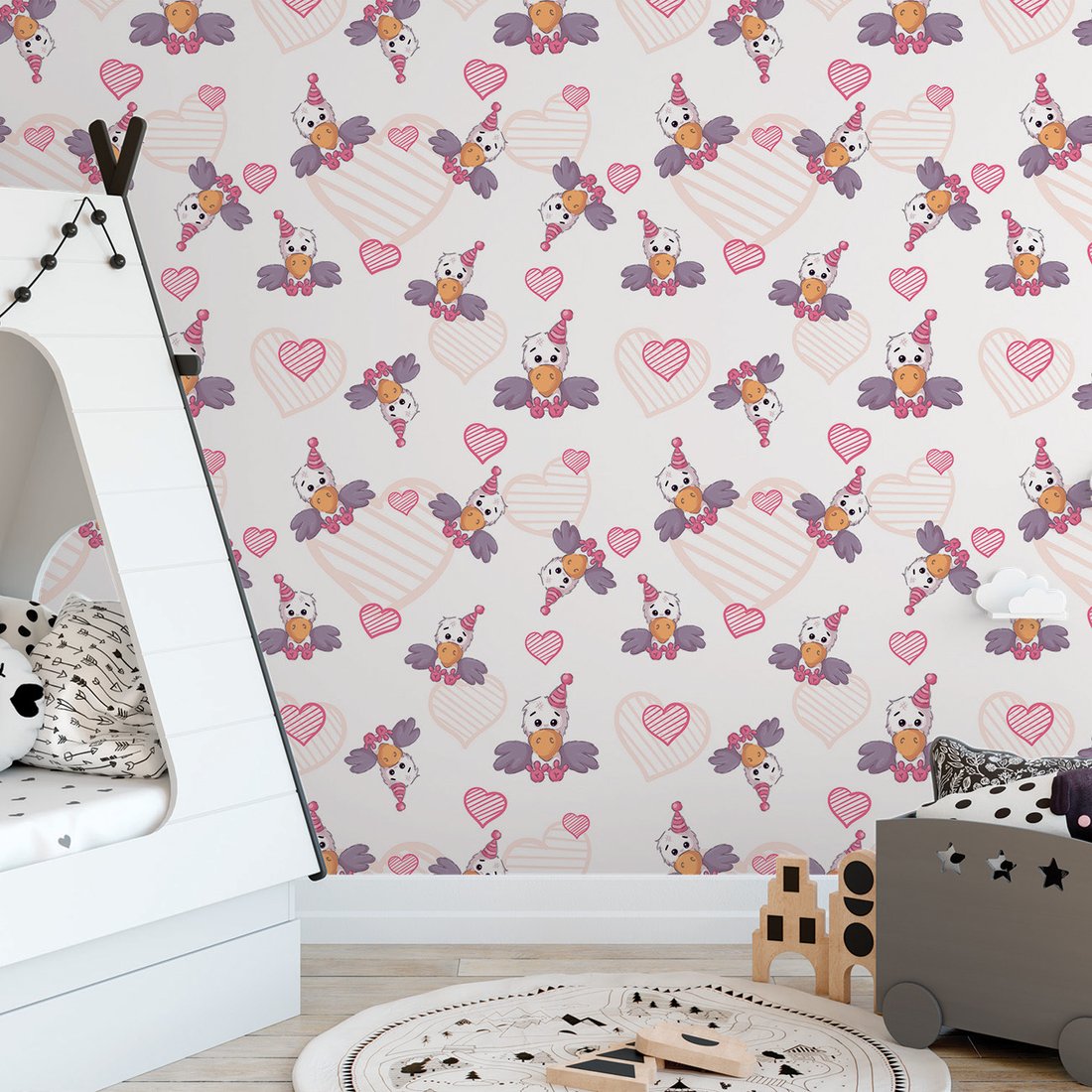 Tapeta - dziecięca, ptak, serca,