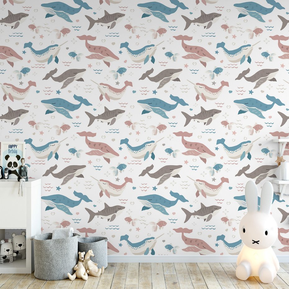 Tapeta - dziecięca, wieloryb, ryba, rekin