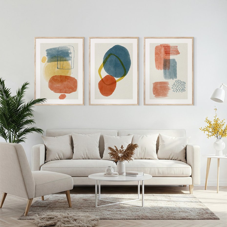 Zestaw obrazy w ramie, plakaty - abstrakcja,geometryczne,pastelowe - rama drewno