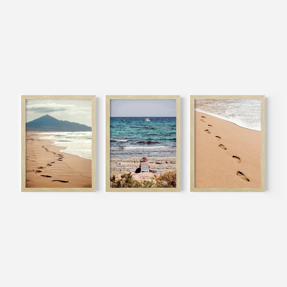 Zestaw obrazy w ramie, plakaty - plaża, morze, piasek - rama drewno