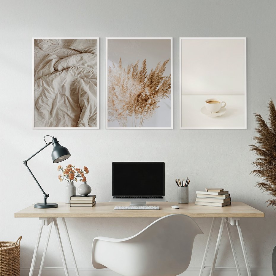 Zestaw obrazy w ramie, plakaty - beżowy, kawa, trawa - rama biała