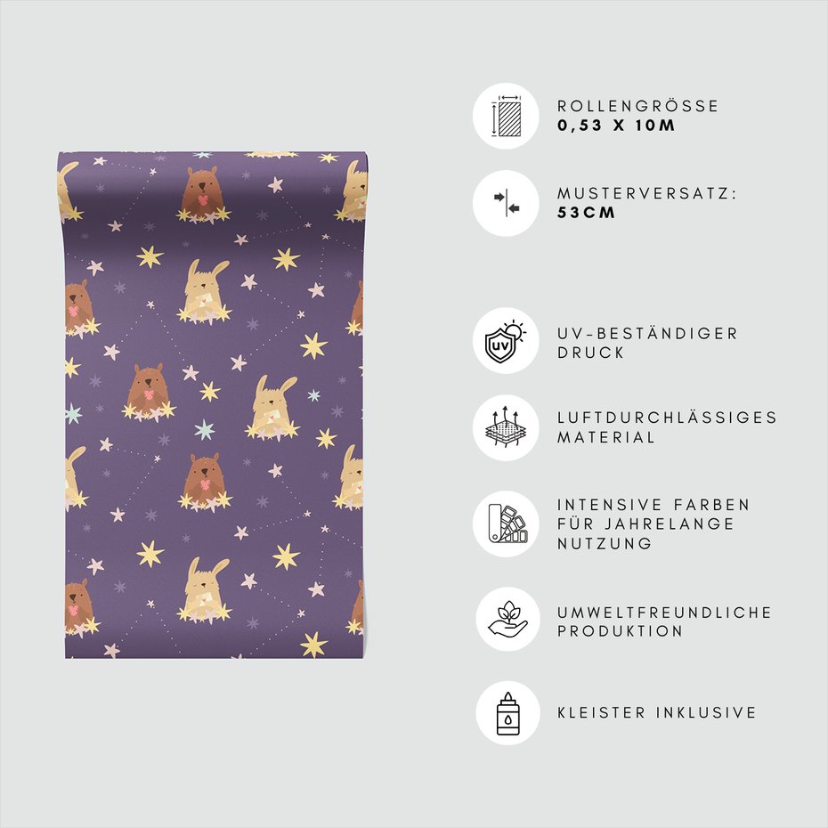 Tapeta - dziecięca, królik, gwiazdy, misie