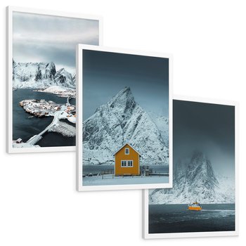 Zestaw obrazy w ramie, plakaty - góry, śnieg, woda - rama biała