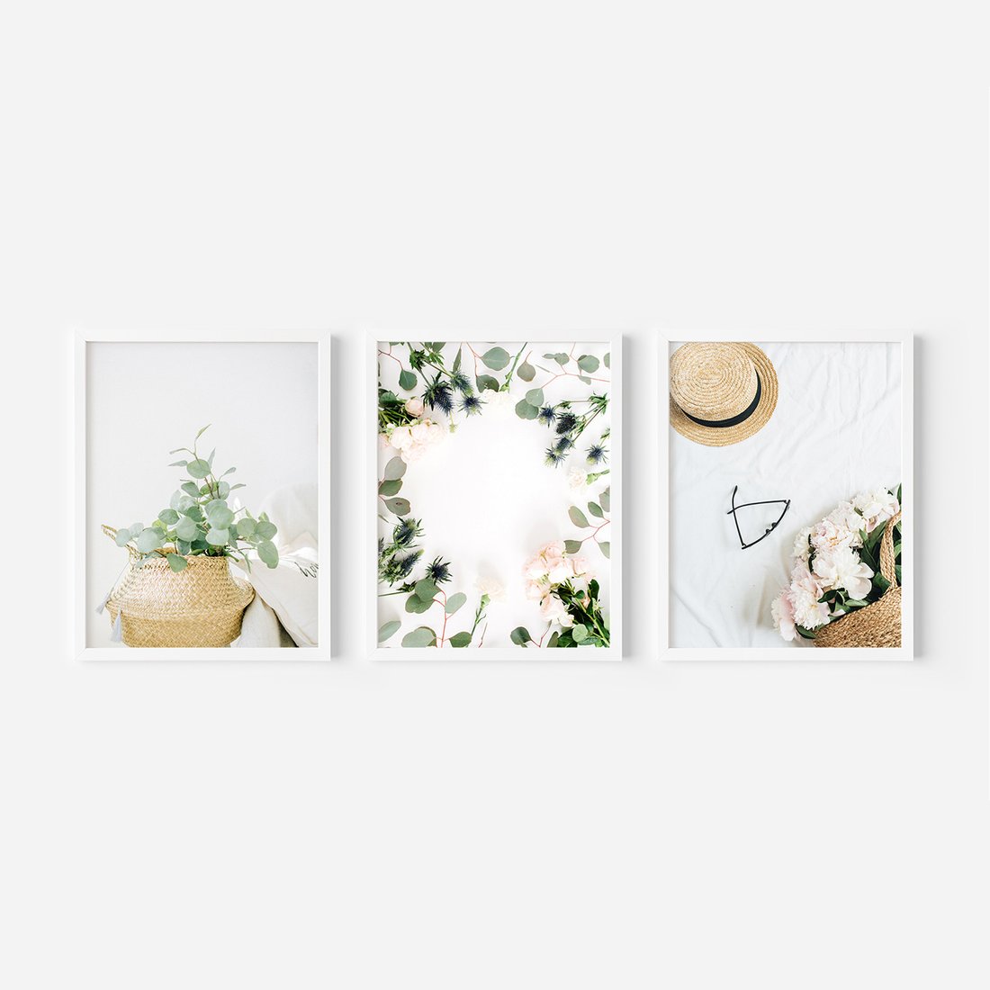 Zestaw obrazy w ramie, plakaty - kwiaty, liście, eukaliptus - rama biała