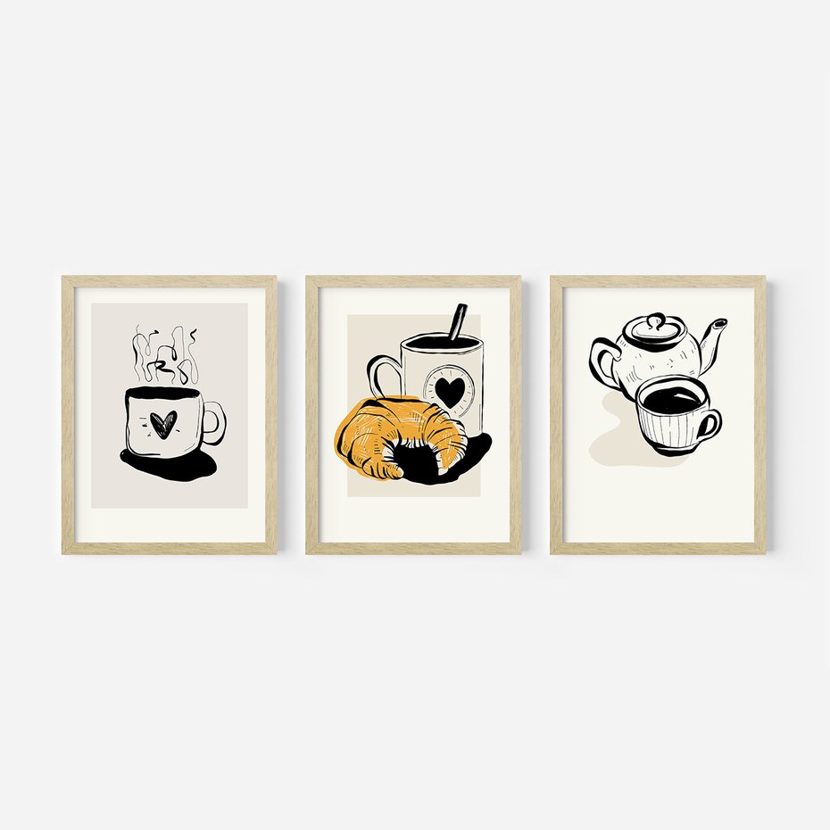 Zestaw obrazy w ramie, plakaty - kawa, filiżanka, croissant - rama drewno