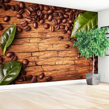 Fototapeta - kawa, ziarna, liście