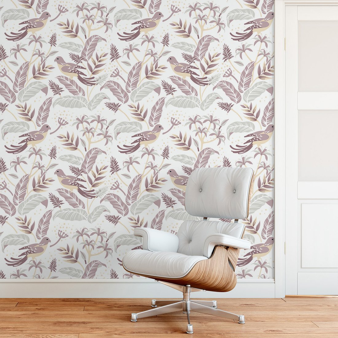 Tapeta - liście, ptaki, kwiaty