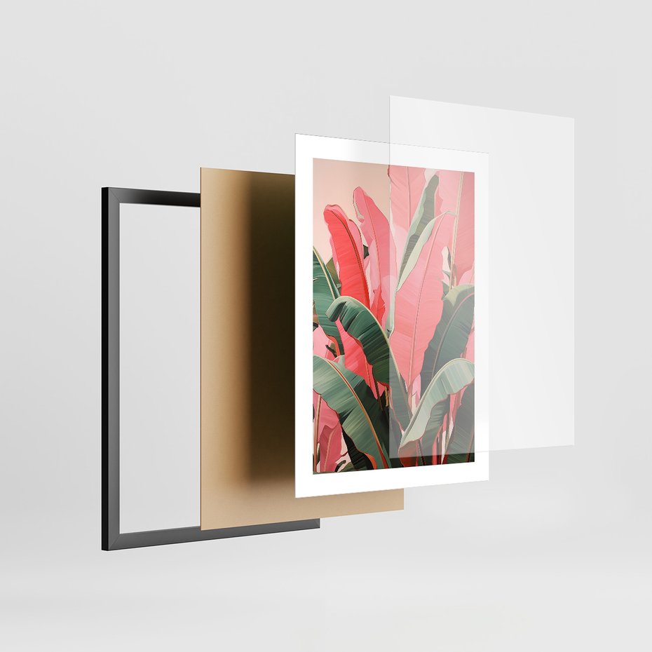 Zestaw obrazy w ramie, plakaty - liście, pastelowy, tropikalny - rama czarna