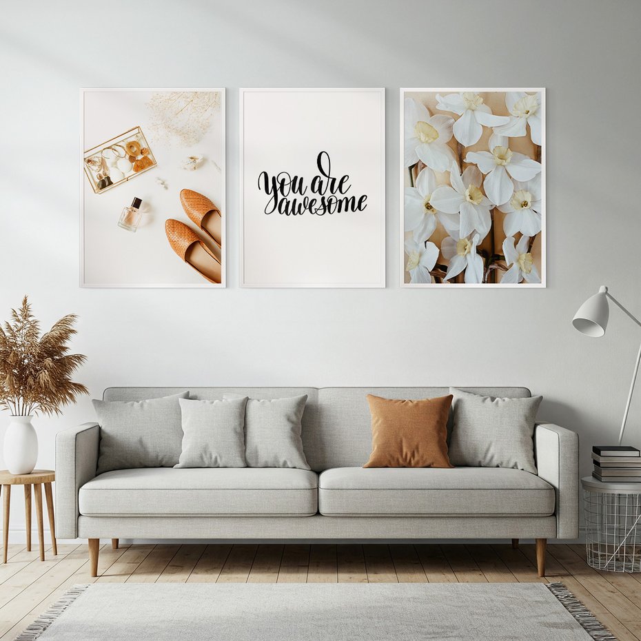 Zestaw obrazy w ramie, plakaty - kwiaty, akcesoria, buty - rama biała