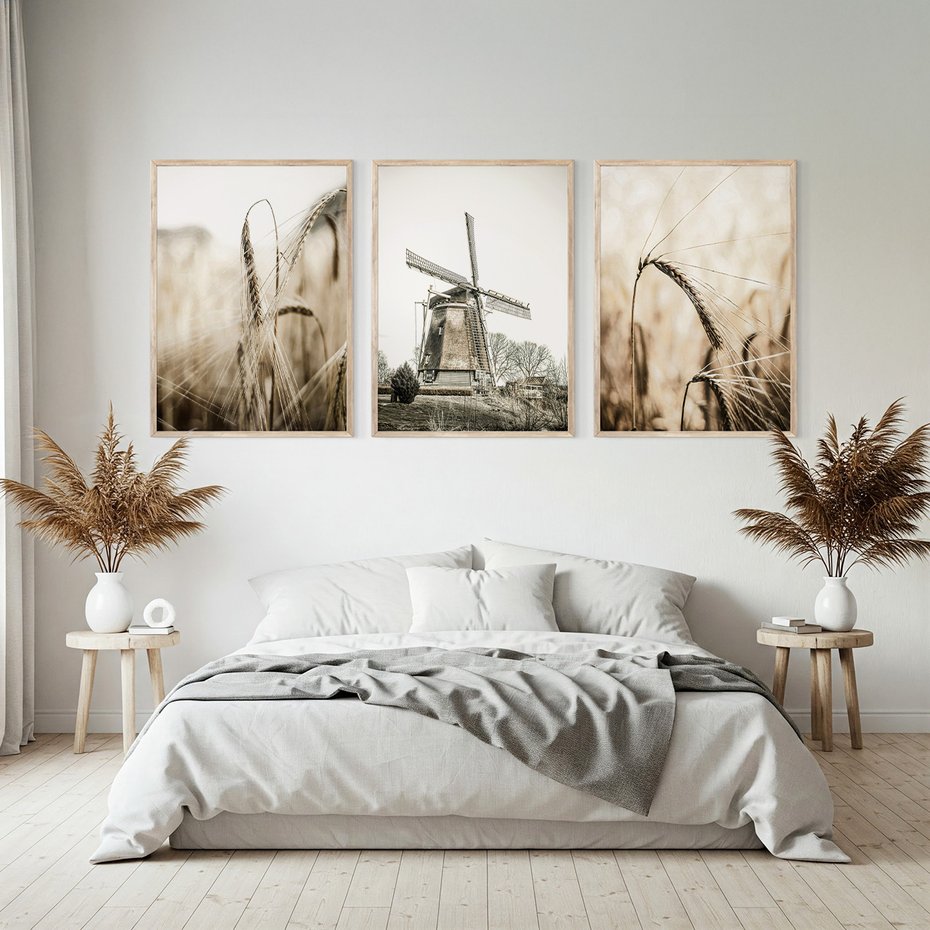 Zestaw obrazy w ramie, plakaty - pole, wieś, żniwa - rama drewno