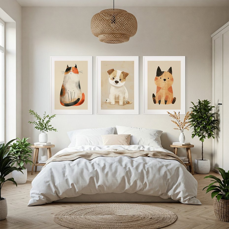 Zestaw obrazy w ramie, plakaty - zwierzęta, kot, pies - rama biała