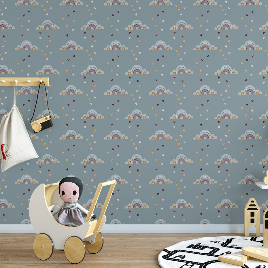 Tapeta - dziecięca, chmury, serca, tło