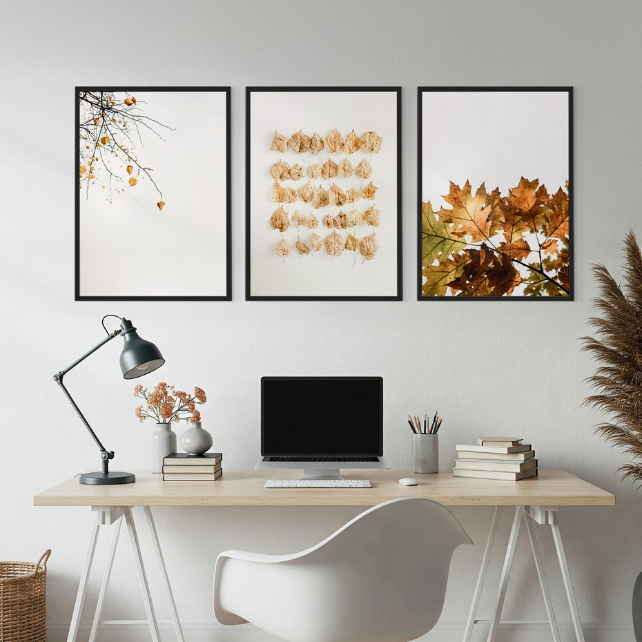 Zestaw obrazy w ramie, plakaty - liście, jesień, gałęzie - rama czarna