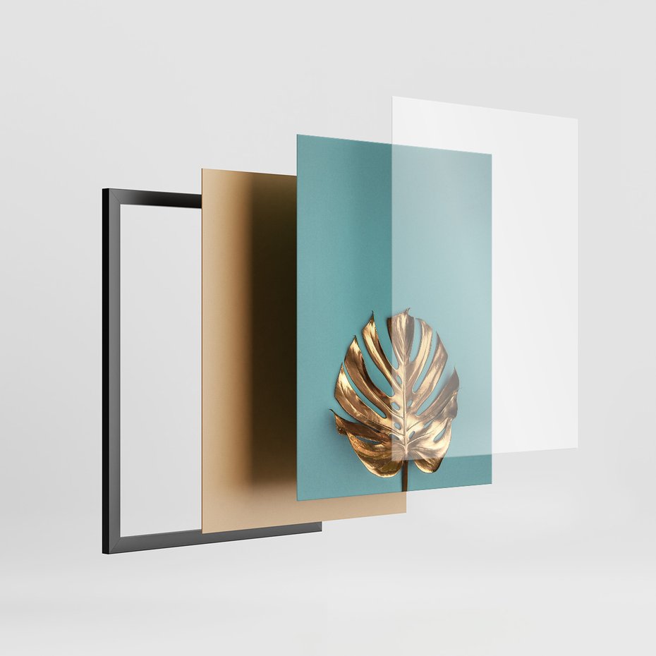 Zestaw obrazy w ramie, plakaty - liście, złoty, monstera - rama czarna