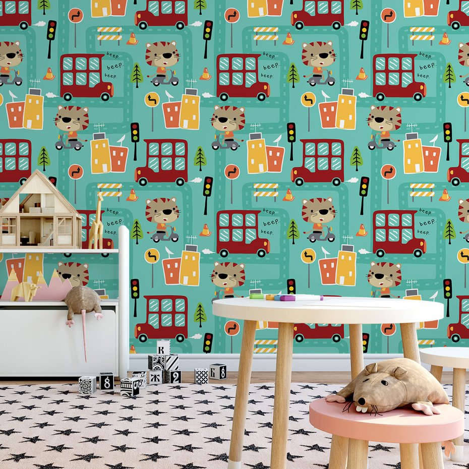 Tapeta - dziecięca, miasto, droga, autobus