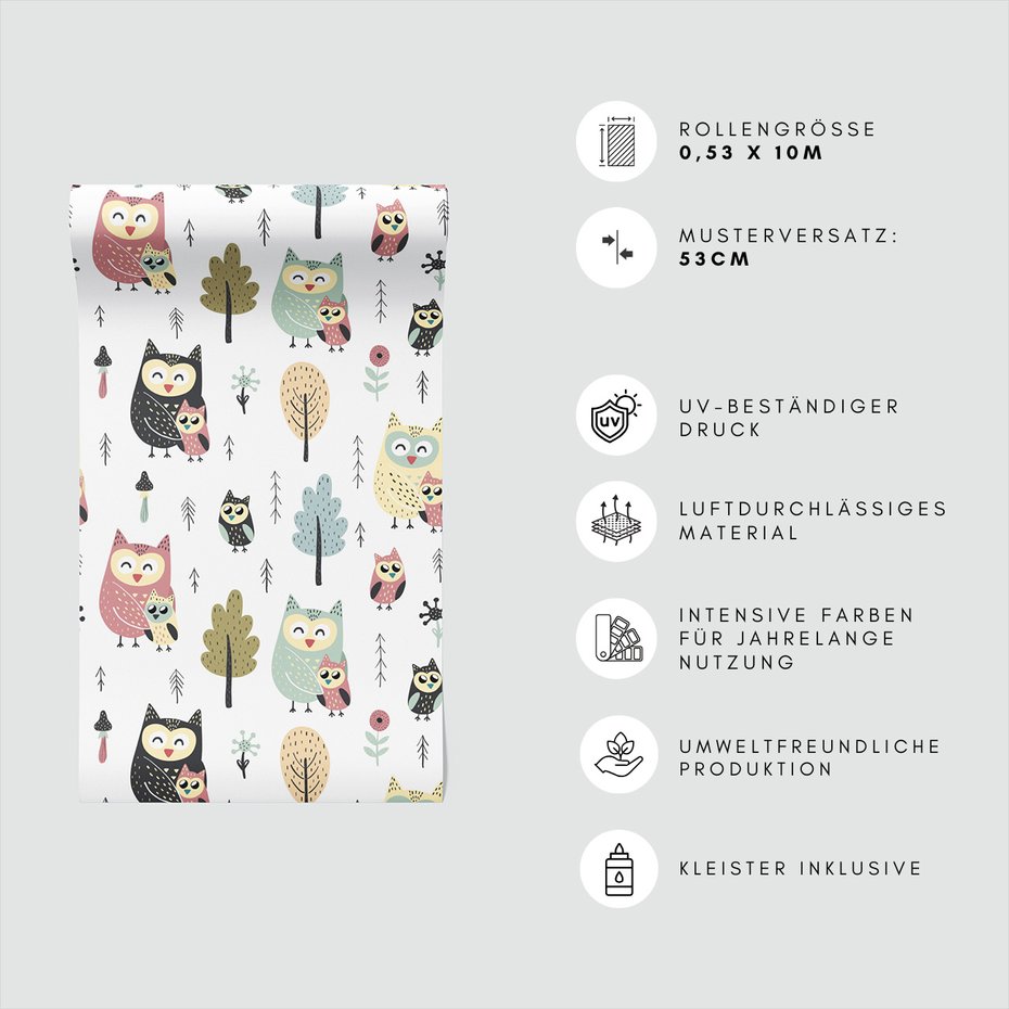 Tapeta - dziecięca, sowa, drzewo, kwiat