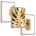 Zestaw obrazy w ramie, plakaty - złoty, liść, ananas - rama drewno