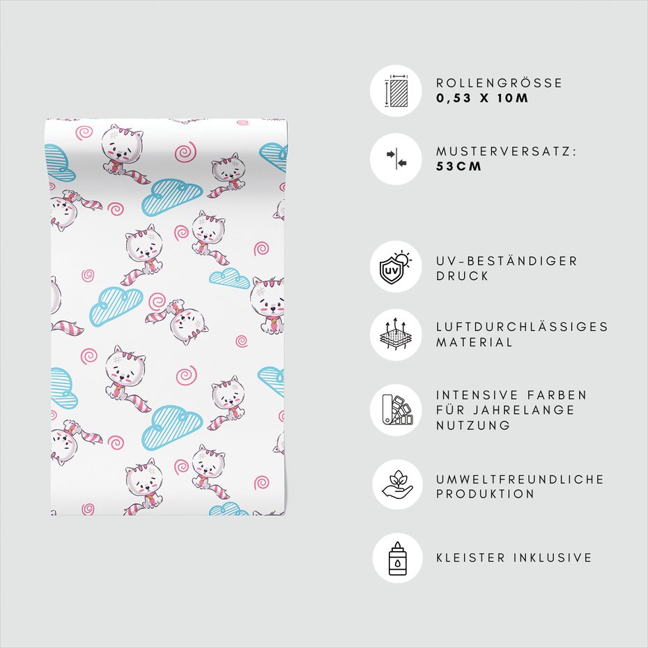 Tapeta - dziecięca, koty, chmury, spirale