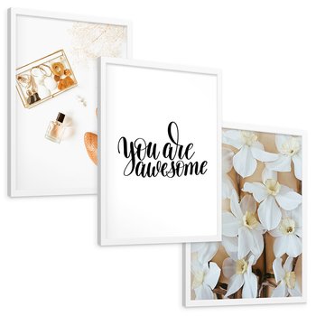 Zestaw obrazy w ramie, plakaty - kwiaty, akcesoria, buty - rama biała