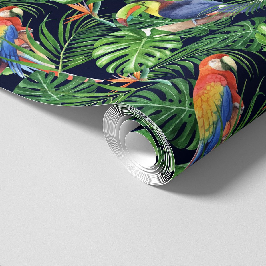 Tapeta - liście, papuga, tukan