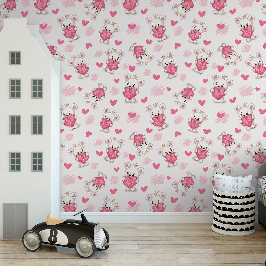 Tapeta - dziecięca, miś, serce, korona