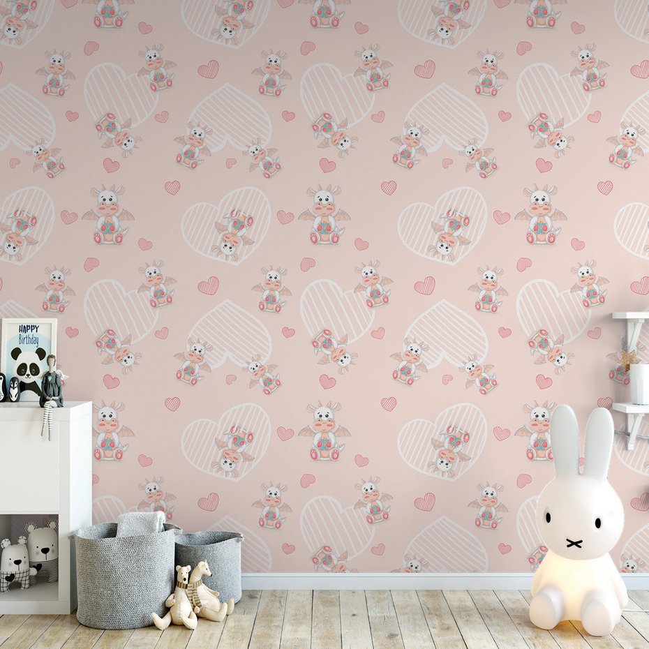 Tapeta - dziecięca, smoki, serca,