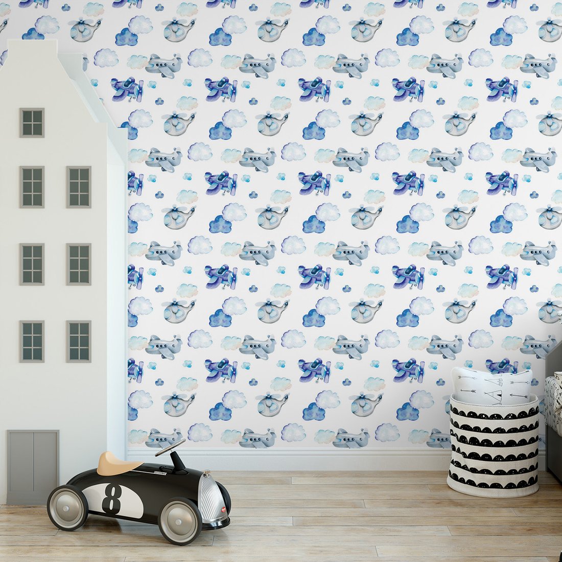 Tapeta - dziecięca, samoloty, chmury, helikoptery