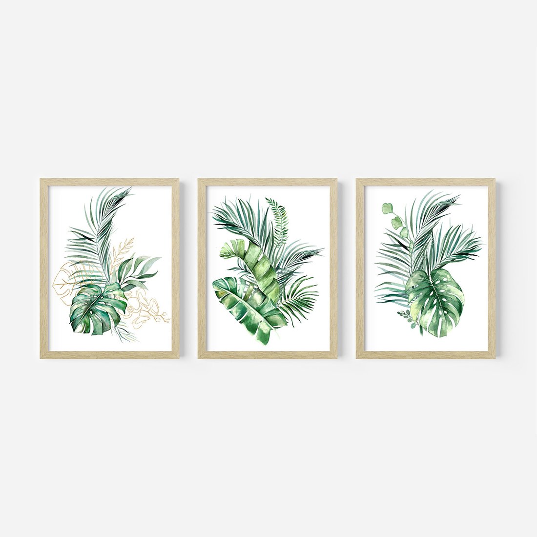 Zestaw obrazy w ramie, plakaty - liście, rośliny, tropikalne - rama drewno