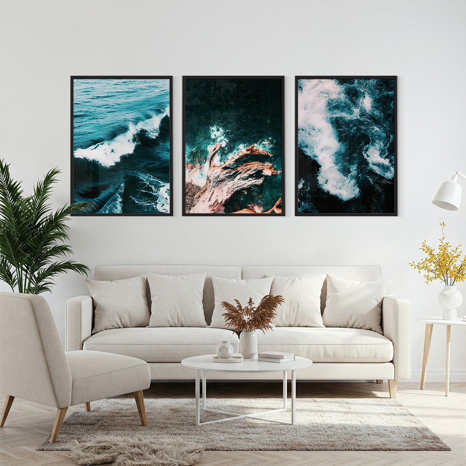 Zestaw obrazy w ramie, plakaty - woda, fale, morze - rama czarna