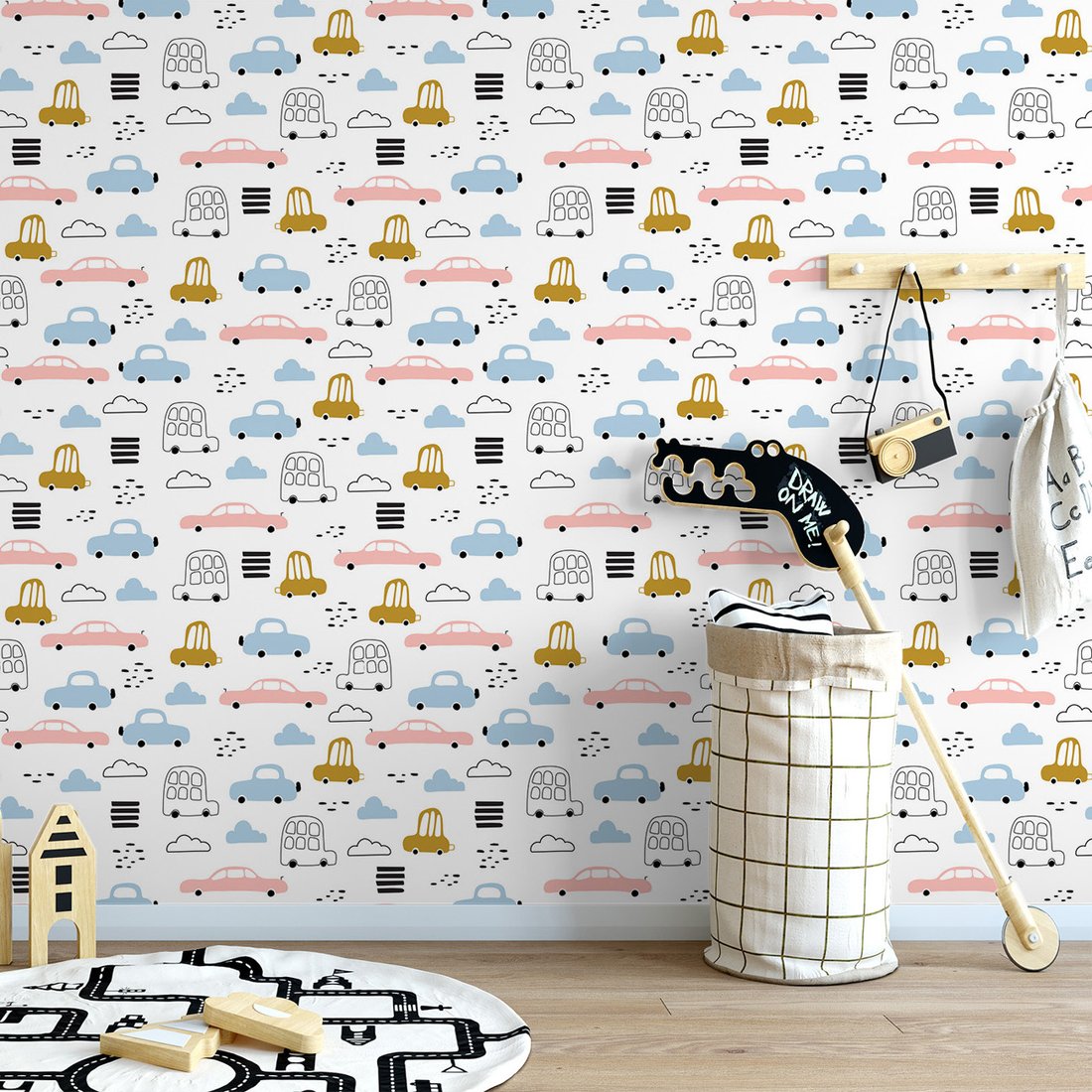 Tapeta - dziecięca, samochody, chmury, kreski