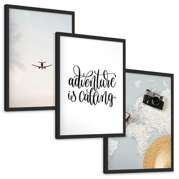 Zestaw obrazy w ramie, plakaty - podróż, samolot, mapa - rama czarna