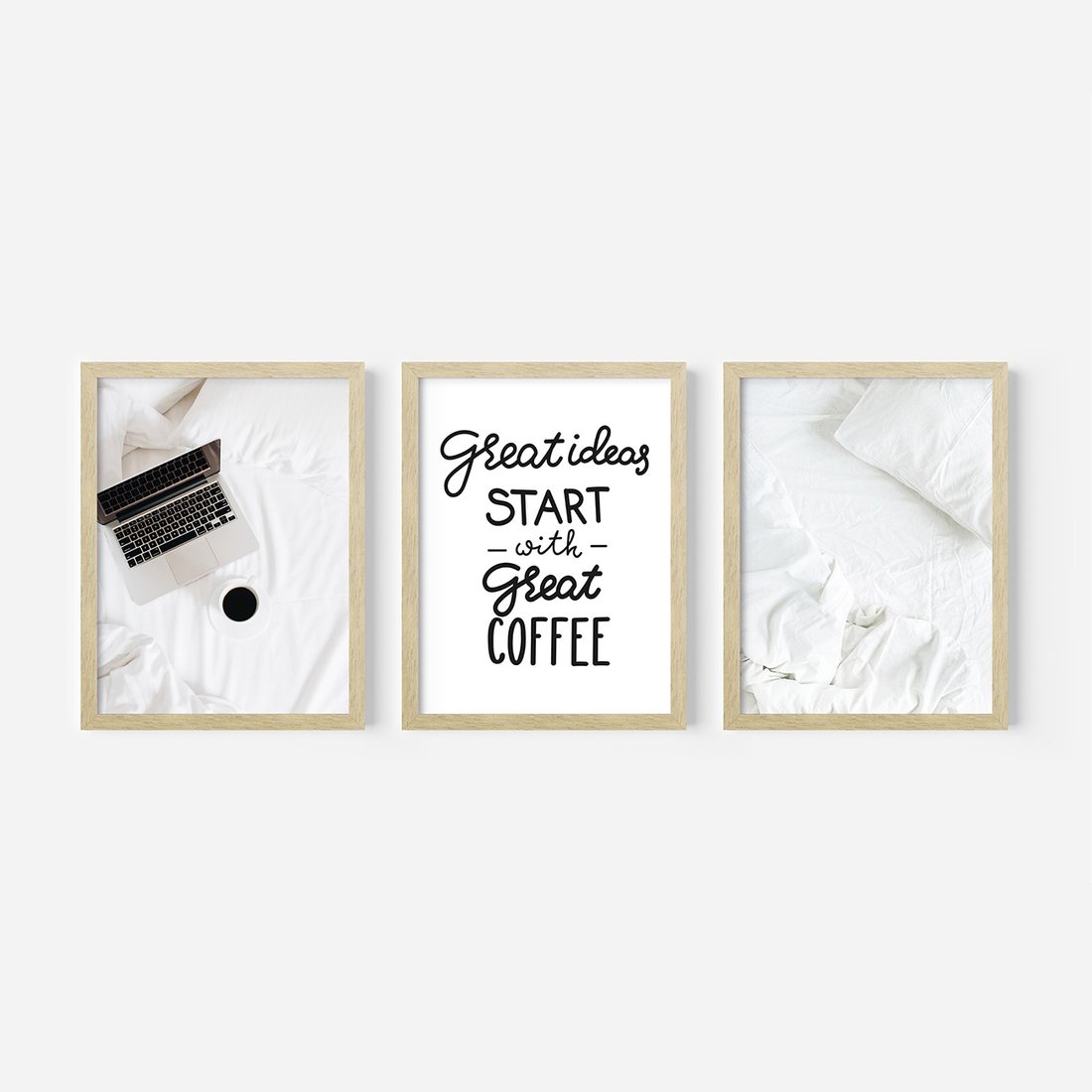 Zestaw obrazy w ramie, plakaty - minimalizm, kawa, laptop - rama drewno