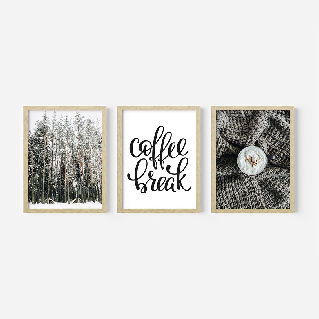 Zestaw obrazy w ramie, plakaty - zima, las, napój - rama drewno