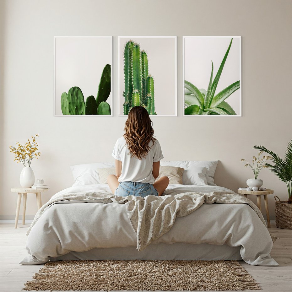 Zestaw obrazy w ramie, plakaty - kaktus, roślina, aloes - rama biała