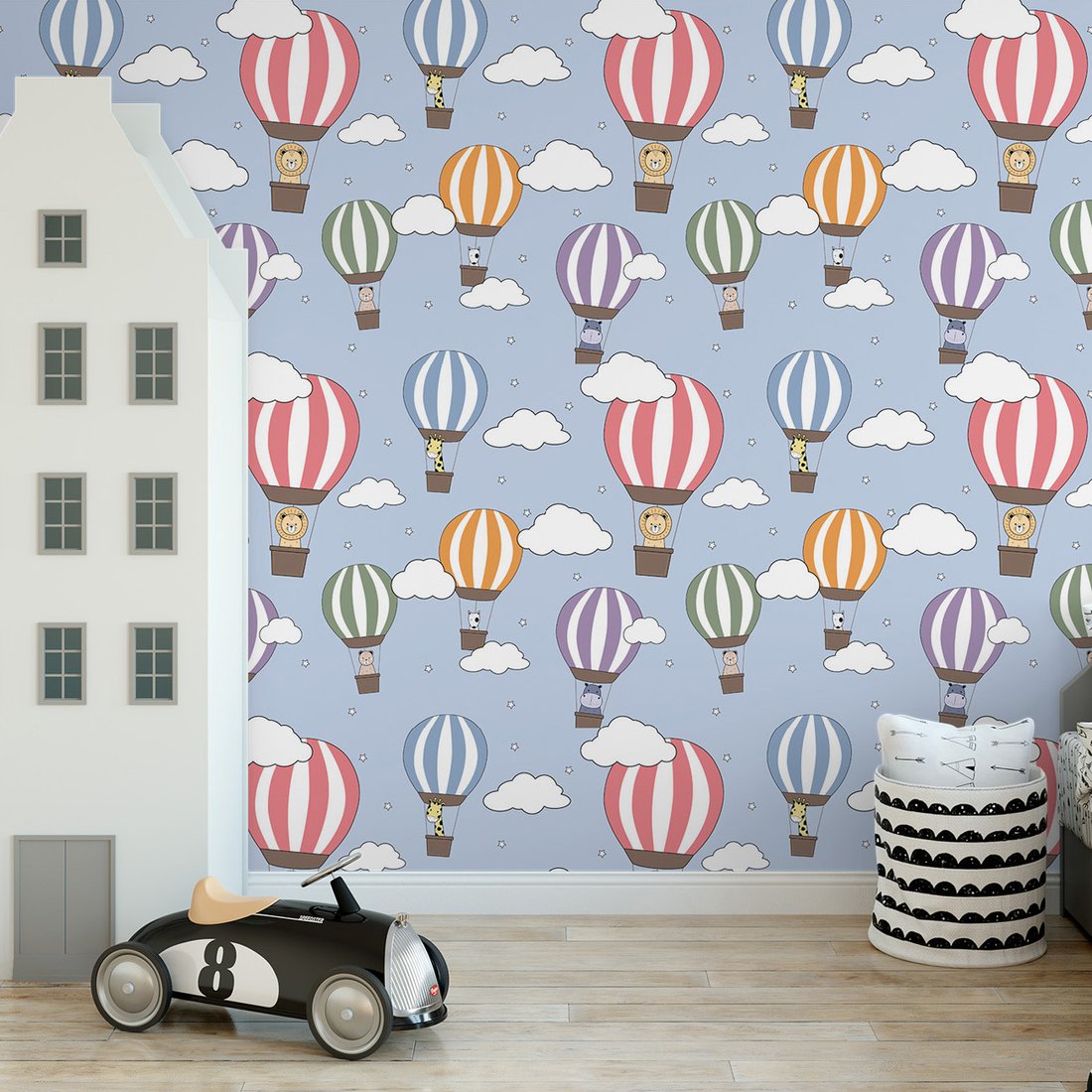 Tapeta - dziecięca, balony, zwierzęta, chmury