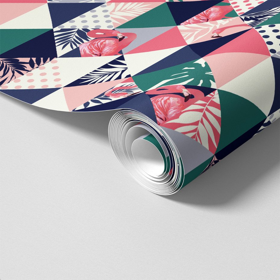 Tapeta - flamingo, trójkąt, liście