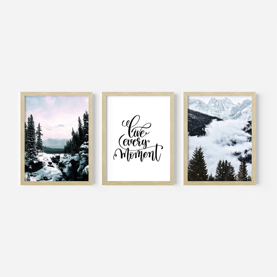 Zestaw obrazy w ramie, plakaty - góry, zima, lasy - rama drewno